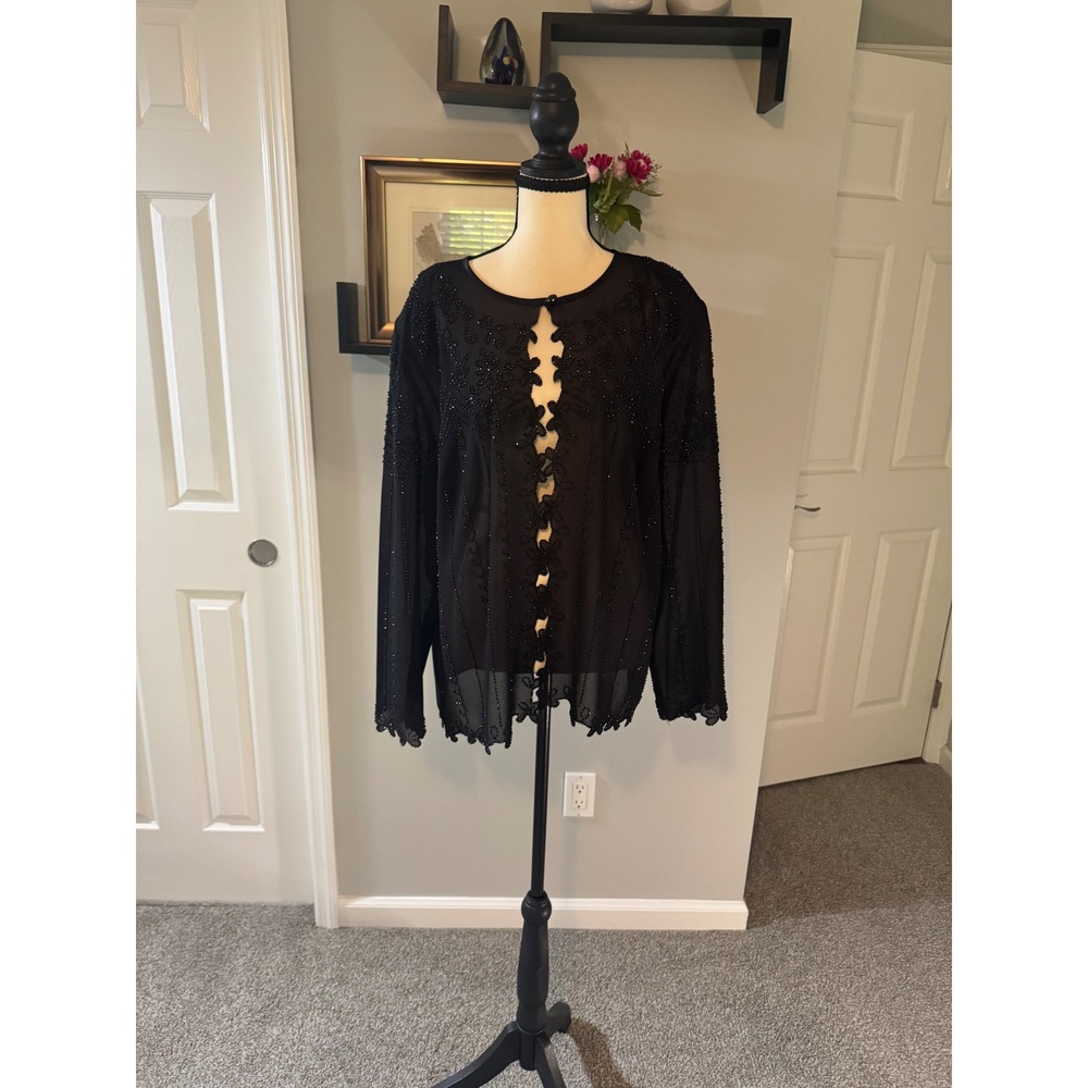 Dressbarn Collection Cocktail Party Black Beaded Sequin Sheer Top Plus Size 18W